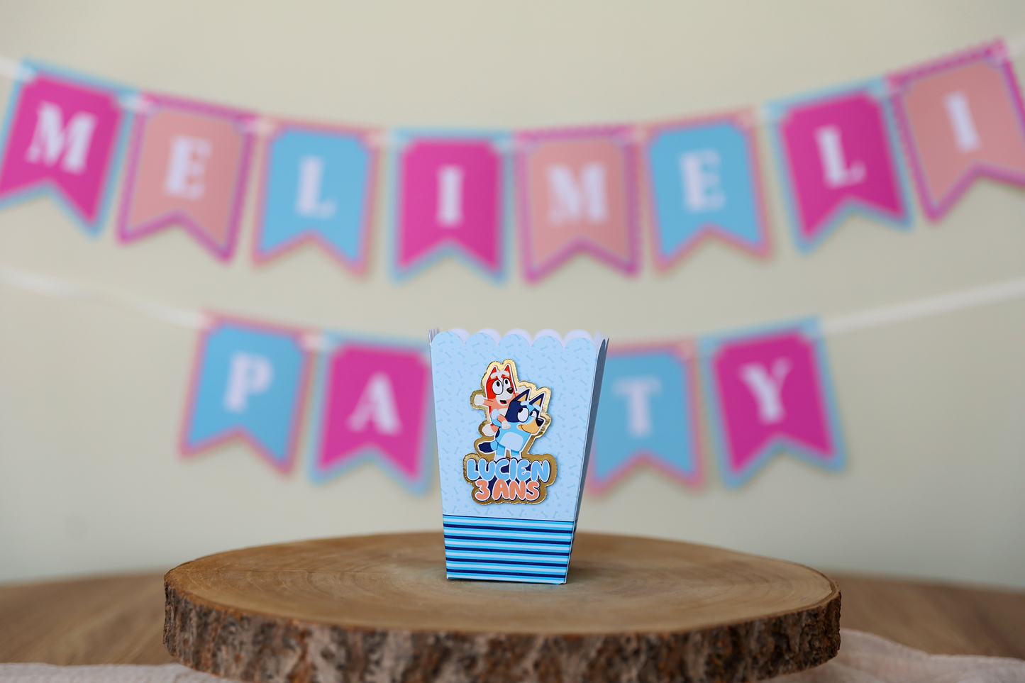 Mini boîte pop corn personnalisée Bluey Melimeliparty
